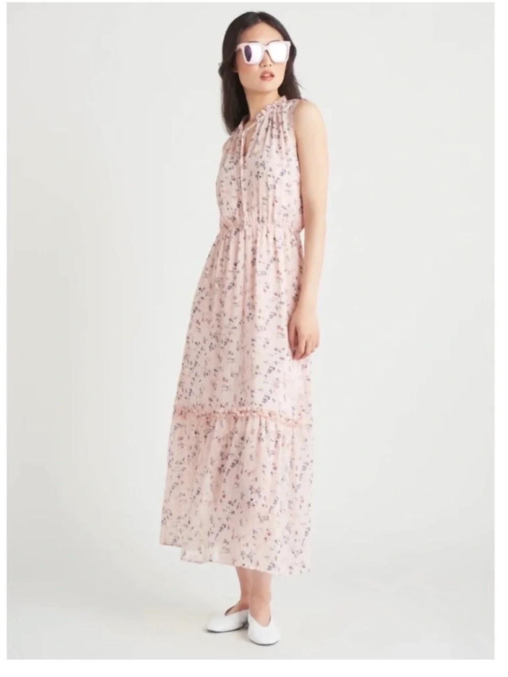 Dex Pale Pink Floral Tiered Midi Dress